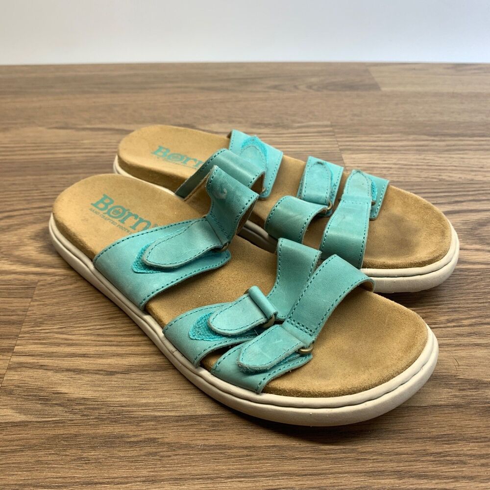 Born Blue Leather Three Strap Slides Sandals Women’s 9M